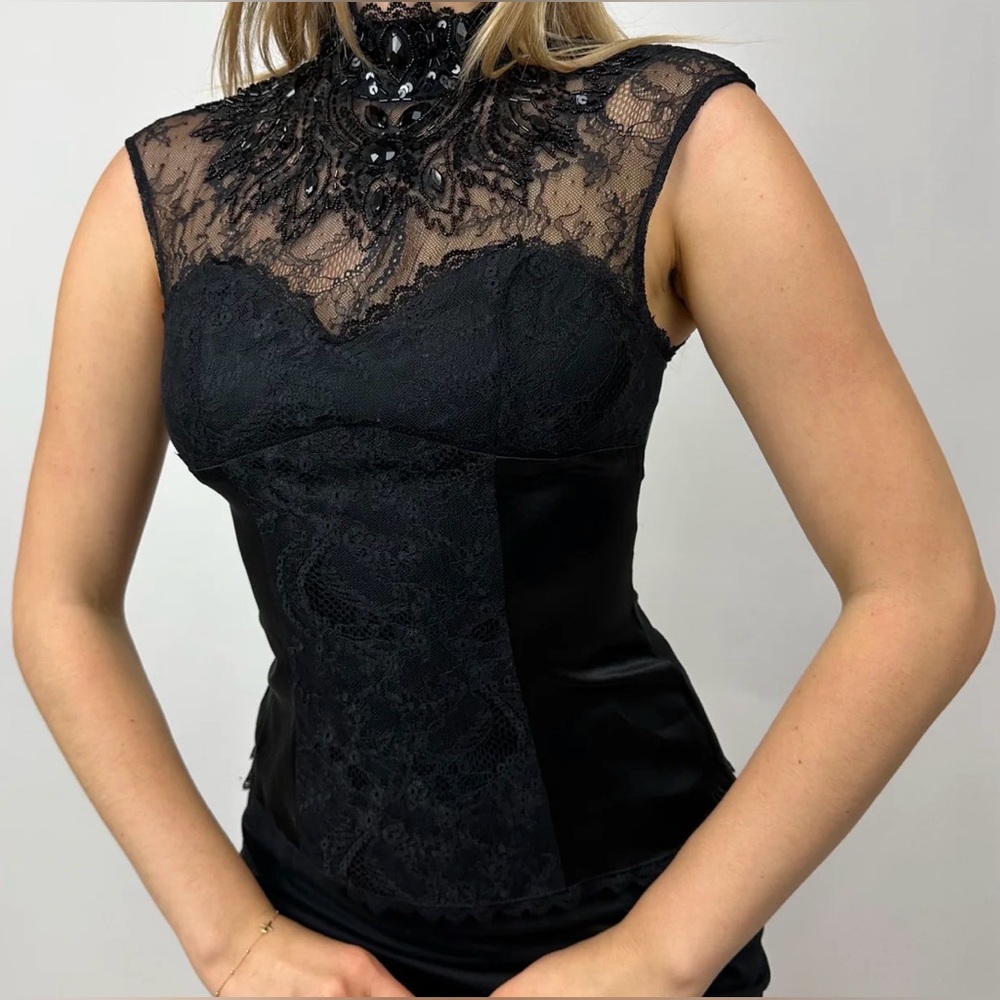 bebe Black Lace Satin Corset Top Beaded High Neck Victorian Gothic Y2K Size M